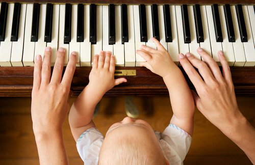Moeder en kind spelen piano