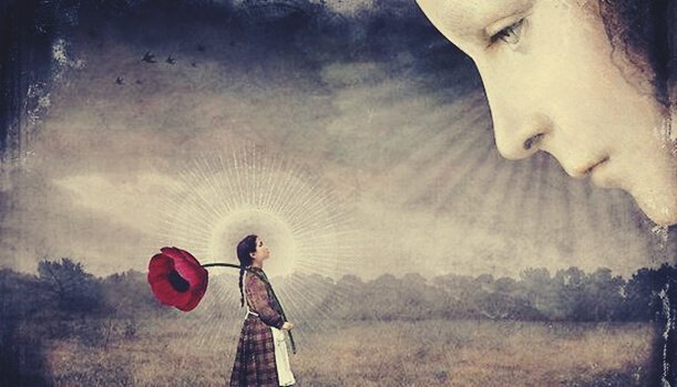 Meisje met een klaproos bij een reus