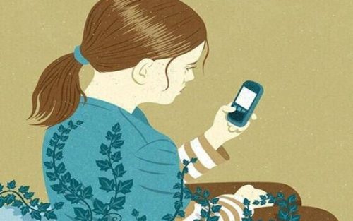 Meisje met haar mobiel