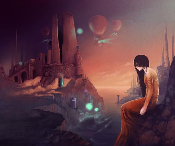 Tekening van meisje op een rots bij een kasteel