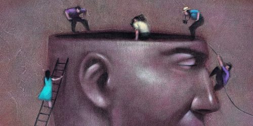 Mensen aan het werk in een hoofd