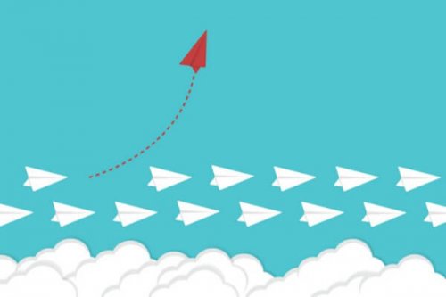 Rood vliegtuigje dat afwijkt van de rest