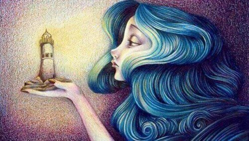 Vrouw die naar vuurtoren kijkt