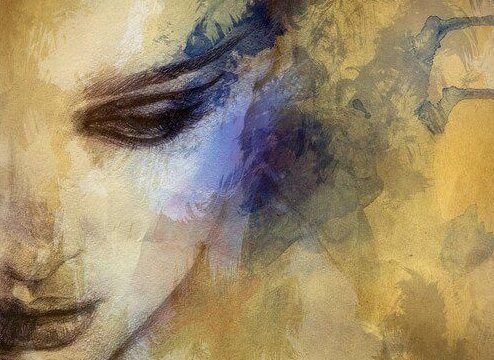 Schilderij van een bange vrouw