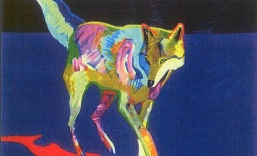 Een getekende, gekleurde wolf