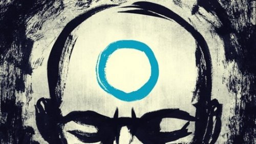 Tekening van een man met een circel op zijn voorhoofd