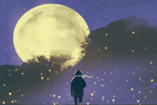 Man kijkt naar de sterren en de maan