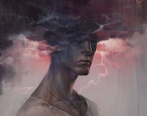 Man met zijn hoofd in een donderwolk