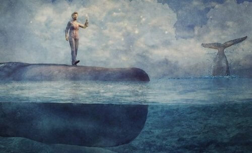 Man staat op walvis