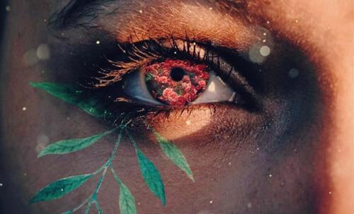 Het oog van een vrouw met bloemen