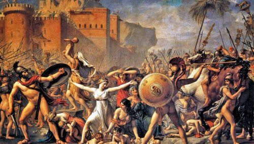 Schilderij waarop een vrouw wordt aangevallen