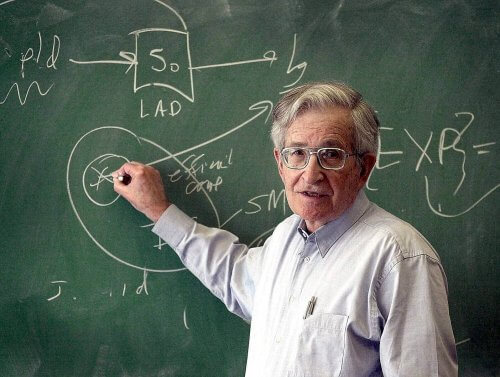 Noam chomsky voor een schoolbord