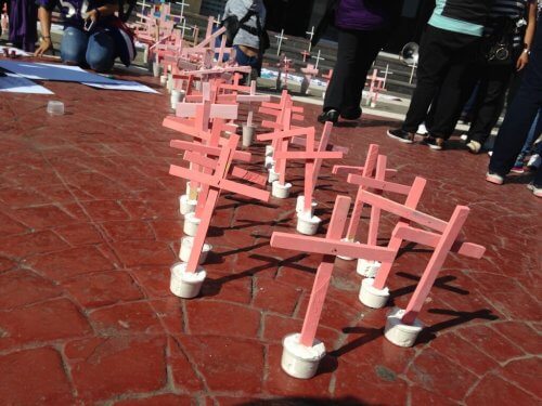 Roze kruizen ter nagedachtenis aan de slachtoffers van de vrouwenmoorden