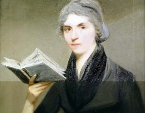 Een portret van Mary Wollstonecraft die een boek leest