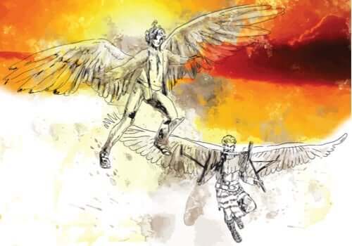Een afbeelding van Daedalus en Icarus met vleugels