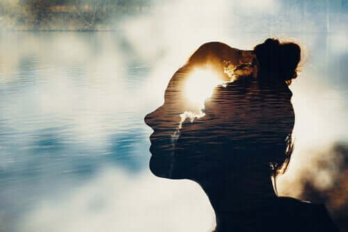 Het silhouette van een vrouw in een meer