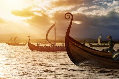 Vikingschepen op de oceaan