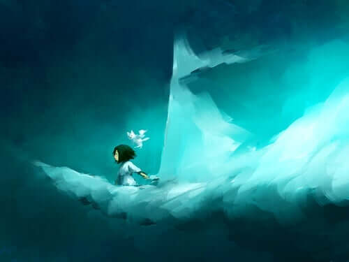 Een meisje zit op een wolk die eruit ziet als een zeilboot