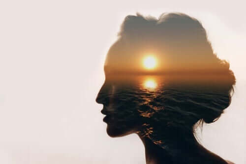 Het silhouette van een vrouw met daarin de zonsondergang