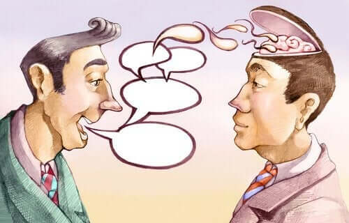 Een man manipuleert de taal in gesprek met andere man