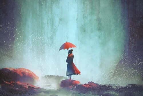 Een schilderij van een vrouw met een paraplu