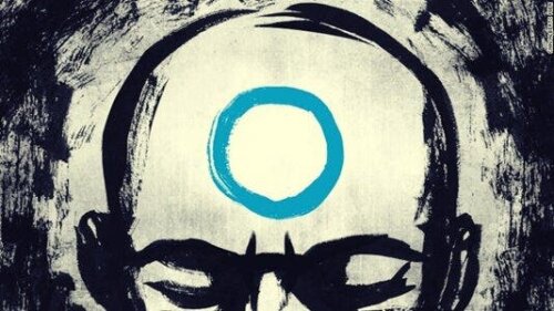 Een tekening van een man met een cirkel op zijn hoofd