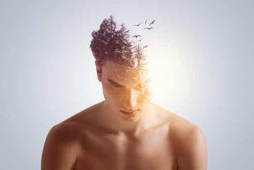 Een man kijkt naar beneden, zijn haar bestaat uit opvliegende vogels